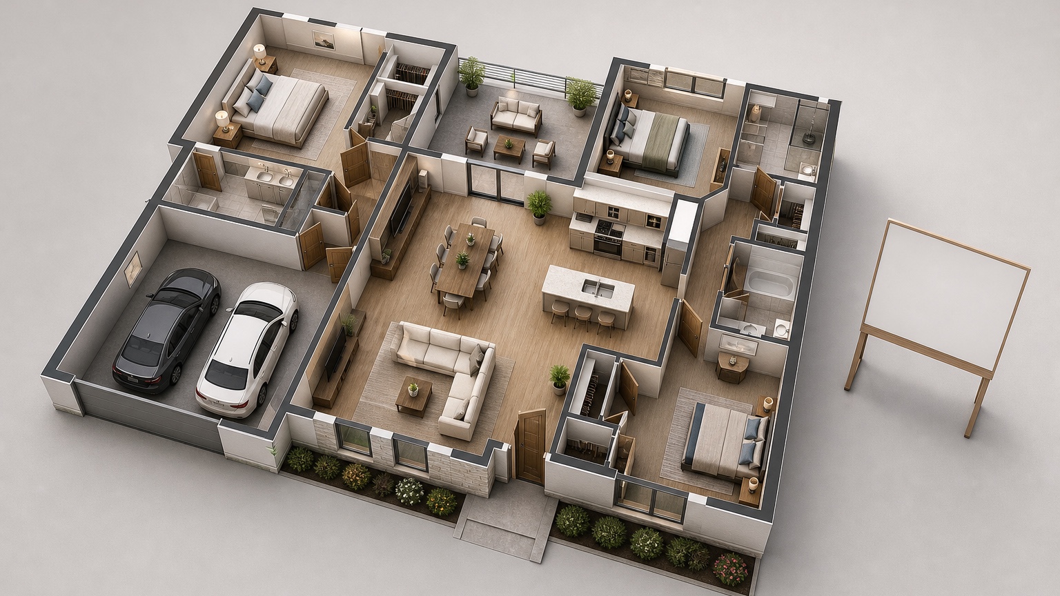 AI 3D floor plan generator creating a presentation-ready apartment plan with labeled rooms, furniture, and clear circulation