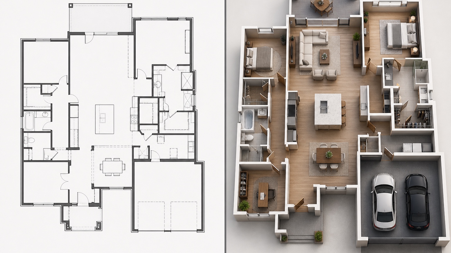 AI 3D floor plan generator board showing two unit layout options for an architect, realtor, or developer presentation