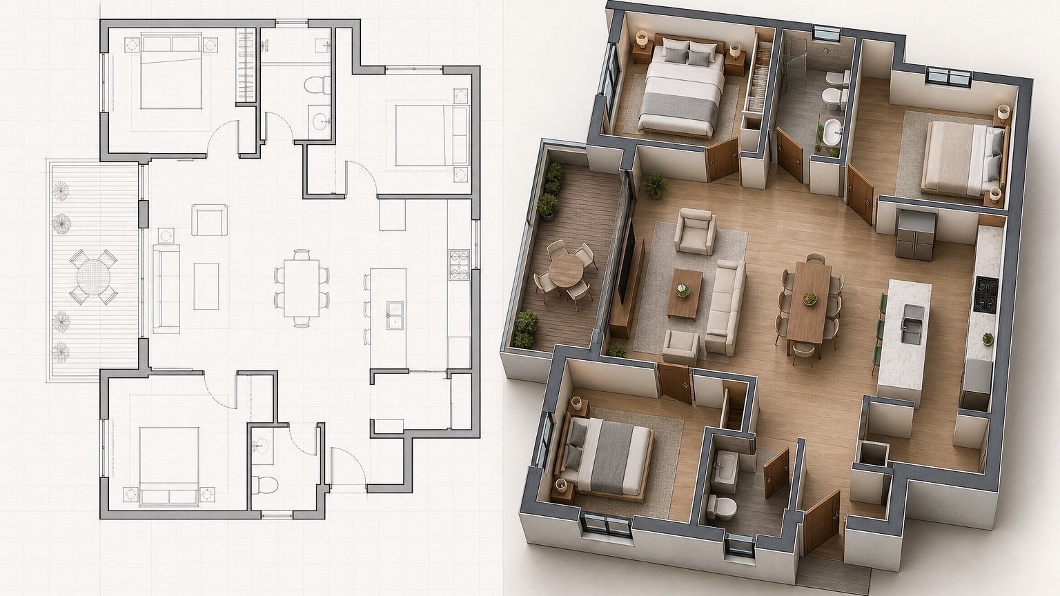 AI 3D floor plan generator presentation with saved versions, stakeholder notes, and conservative listing callouts