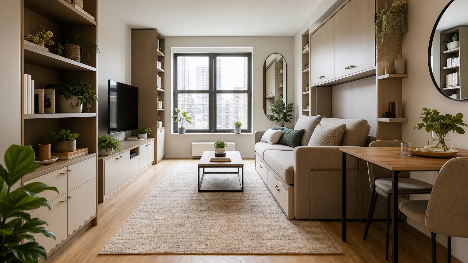 AI apartment interior design showing a compact apartment with renter-friendly storage, clear sightlines, and multifunction furniture
