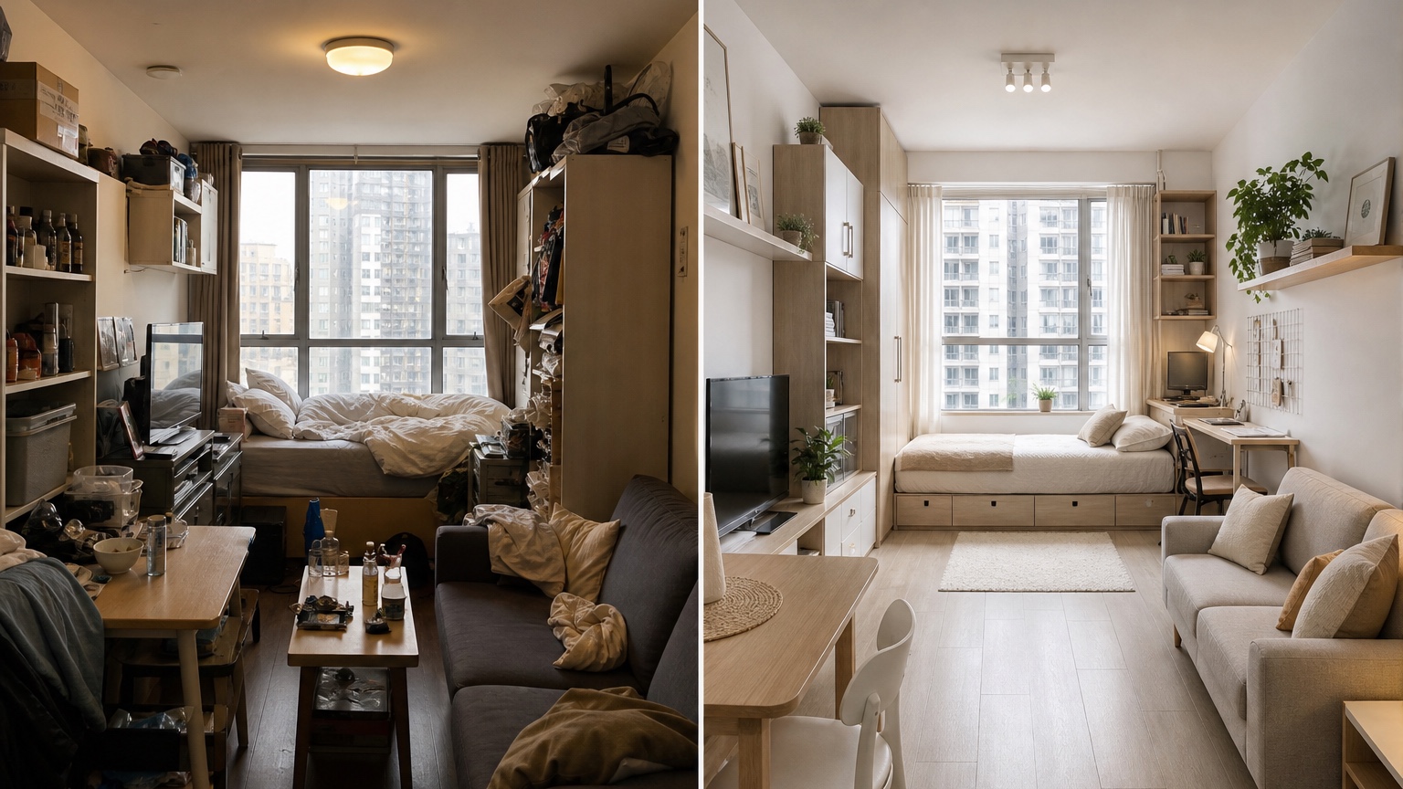 AI apartment interior design before and after showing a small apartment reorganized with better sightlines, zones, lighting, and lease-safe decor