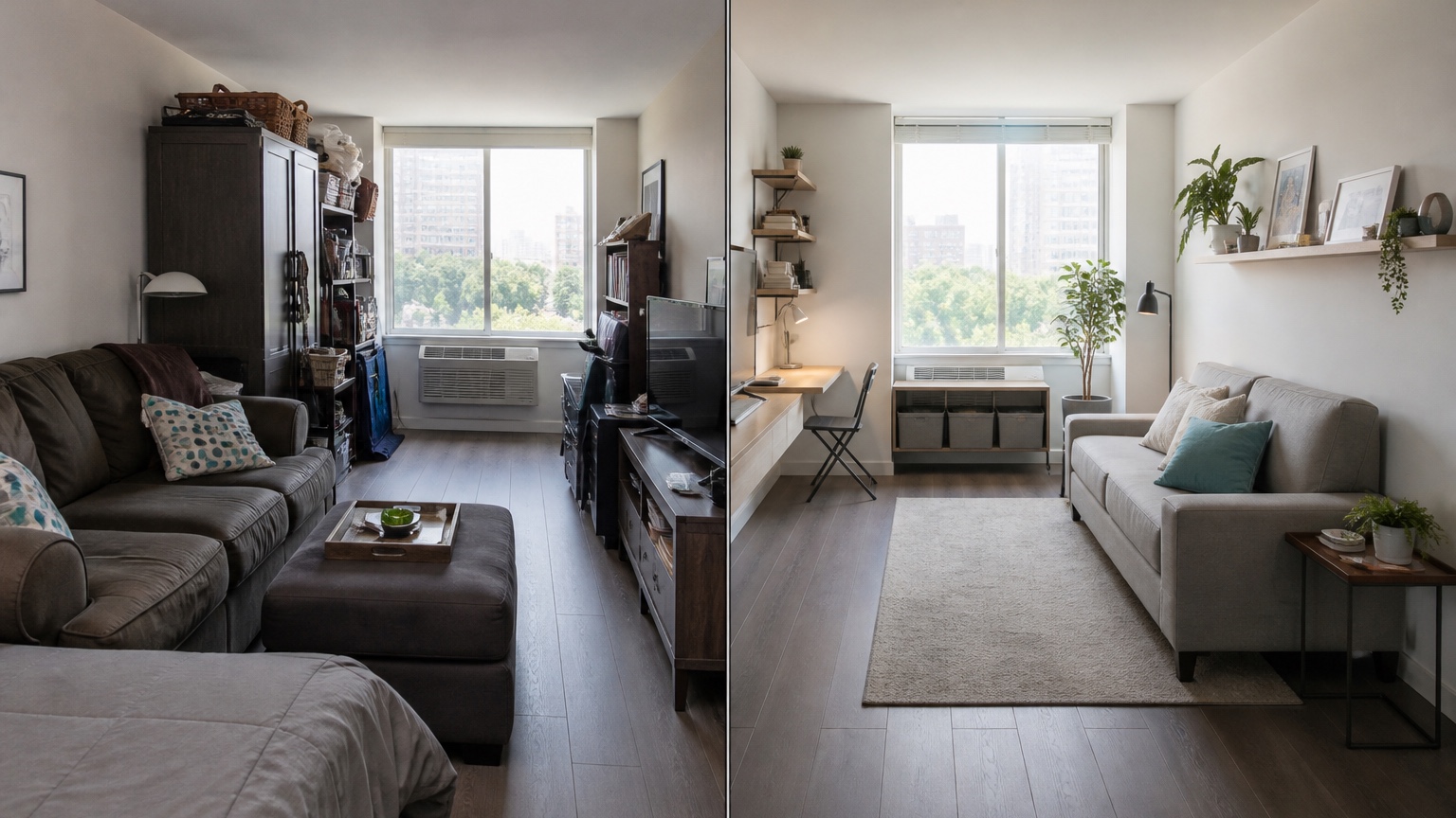 AI apartment interior design split view showing compact multifunction furniture, vertical storage, and studio zones in a lease-safe layout