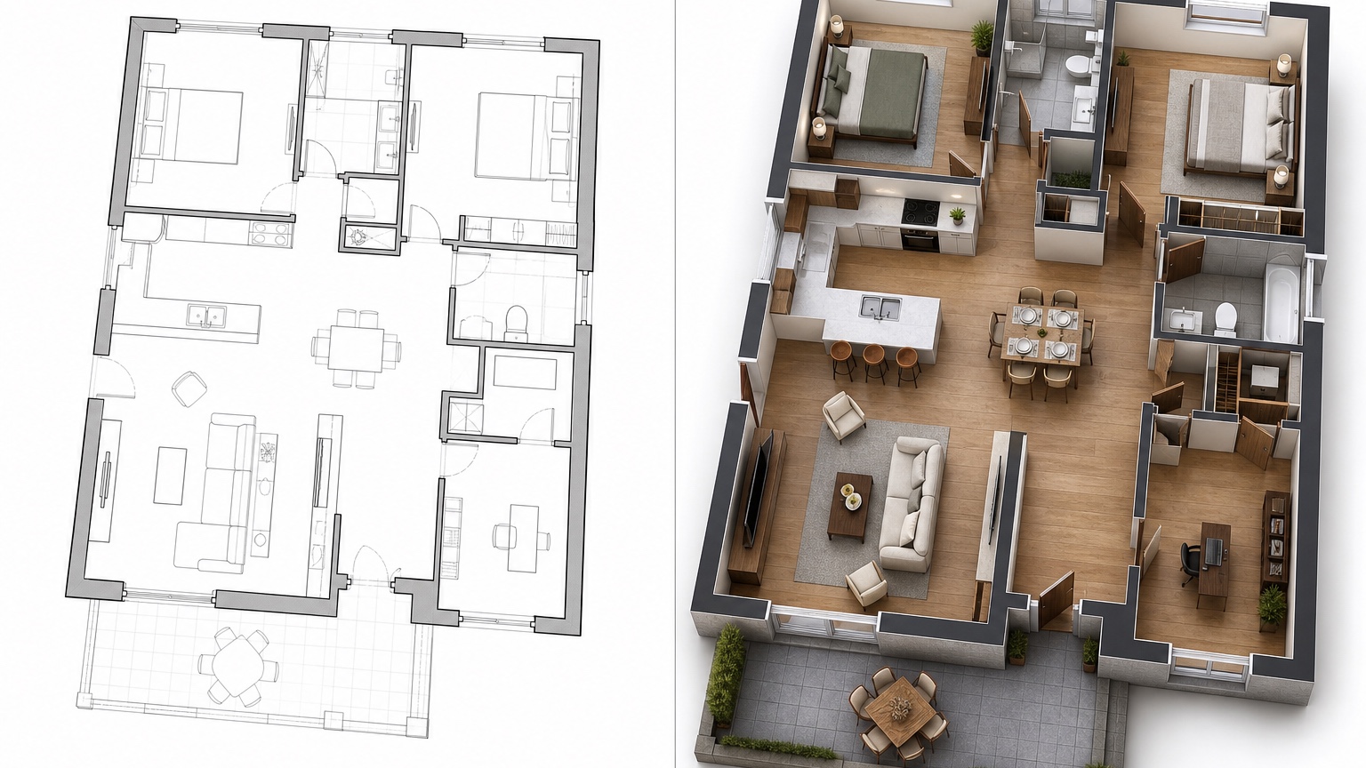 ai architectural visualization before and after comparison for a focused layout decision