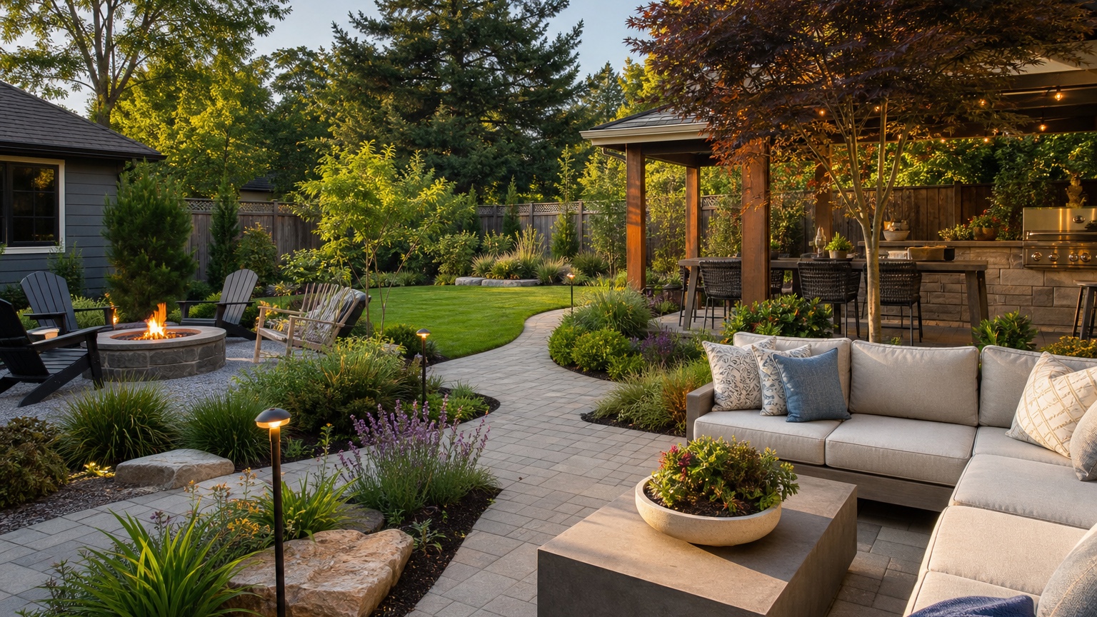 AI backyard design generator showing a finished backyard with patio, seating, fire pit, lawn, planting, and usable zones