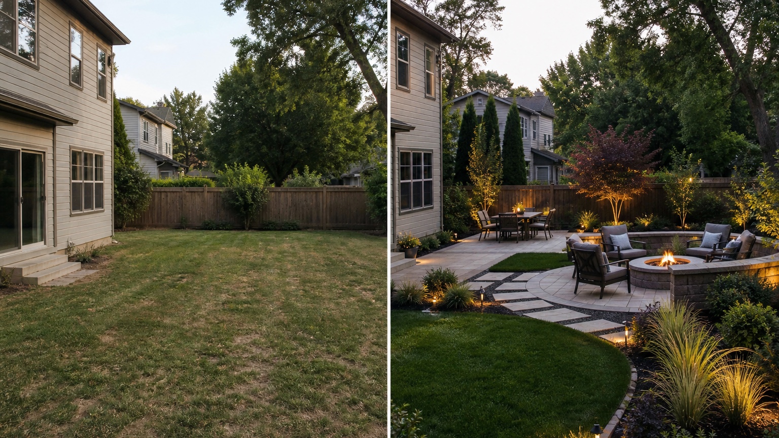 AI backyard design generator before and after side by side comparing a plain backyard with a practical outdoor living plan