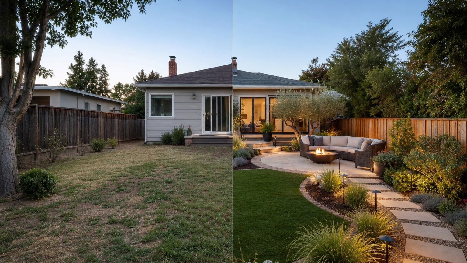 AI backyard design generator split before and after showing the same yard transformed with seating, hardscape, lawn, and planting
