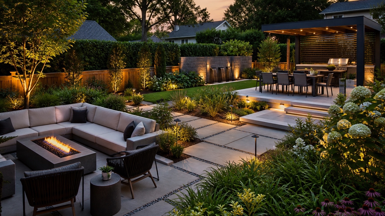 AI backyard makeover showing a finished outdoor living yard with dining, lounge seating, planting, lighting, and clear circulation zones