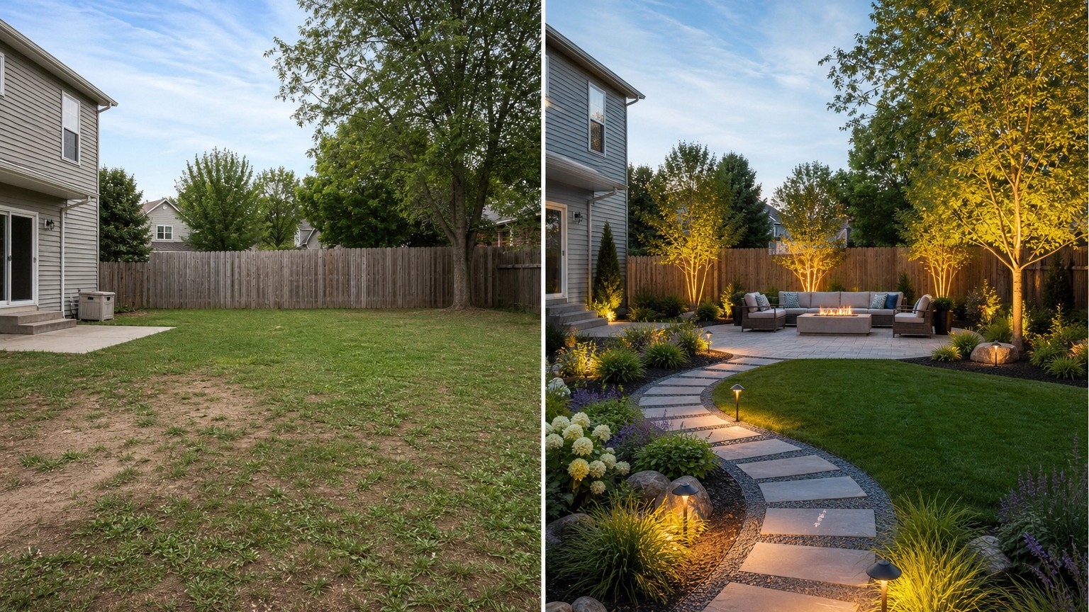 AI backyard makeover before and after comparing a plain lawn with a defined patio, lounge zone, planting edge, and warm outdoor lighting