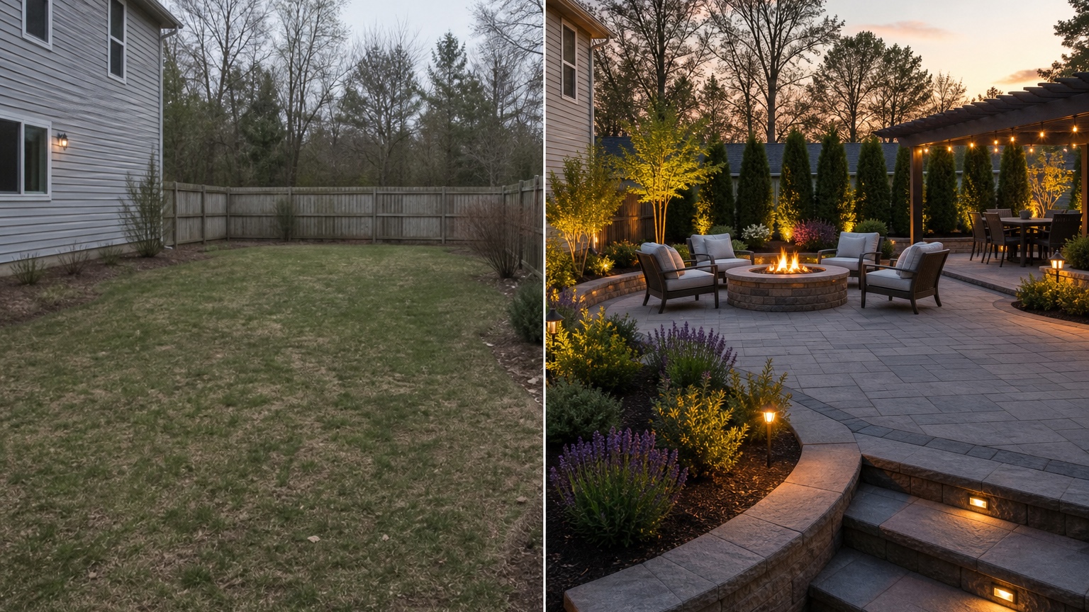 AI backyard makeover split before and after showing the same yard transformed with practical lifestyle zones, paths, seating, and low-maintenance planting