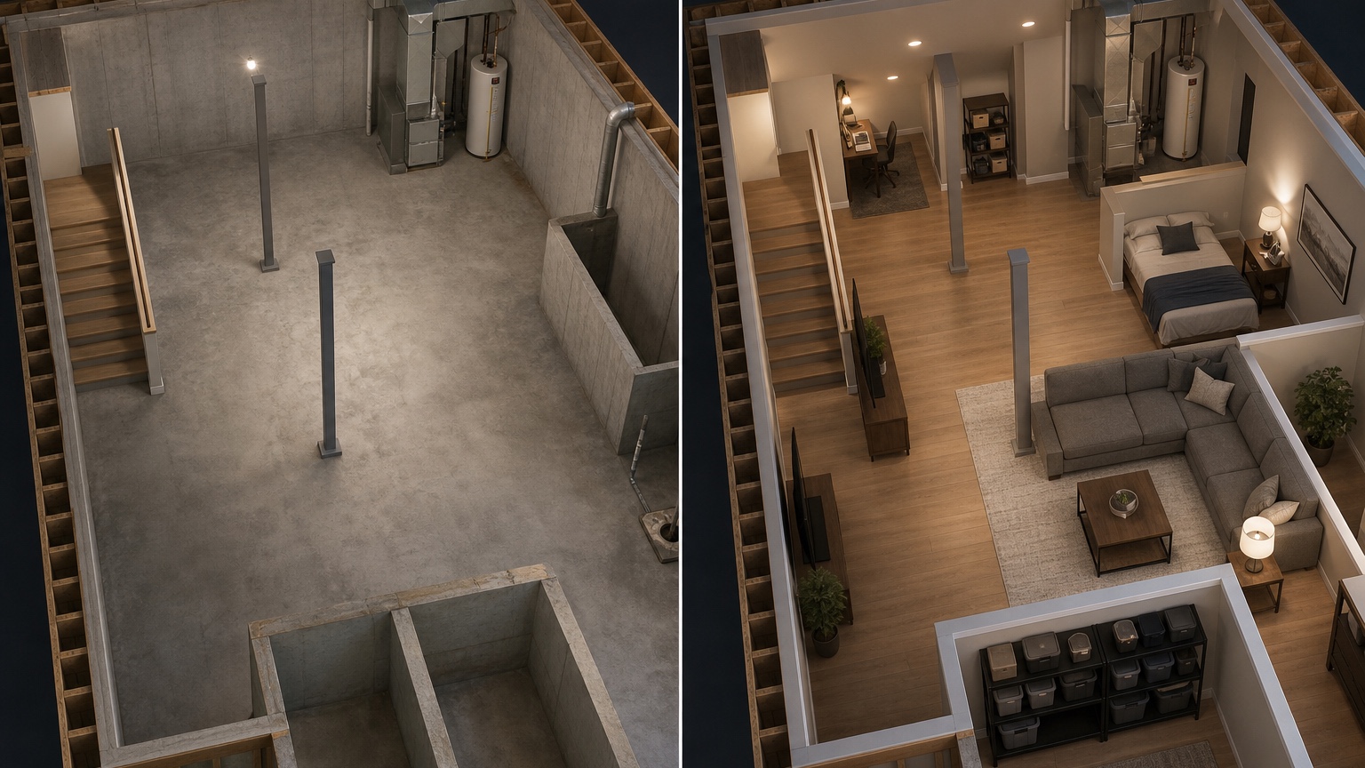 ai basement floor plan design before and after layout comparison