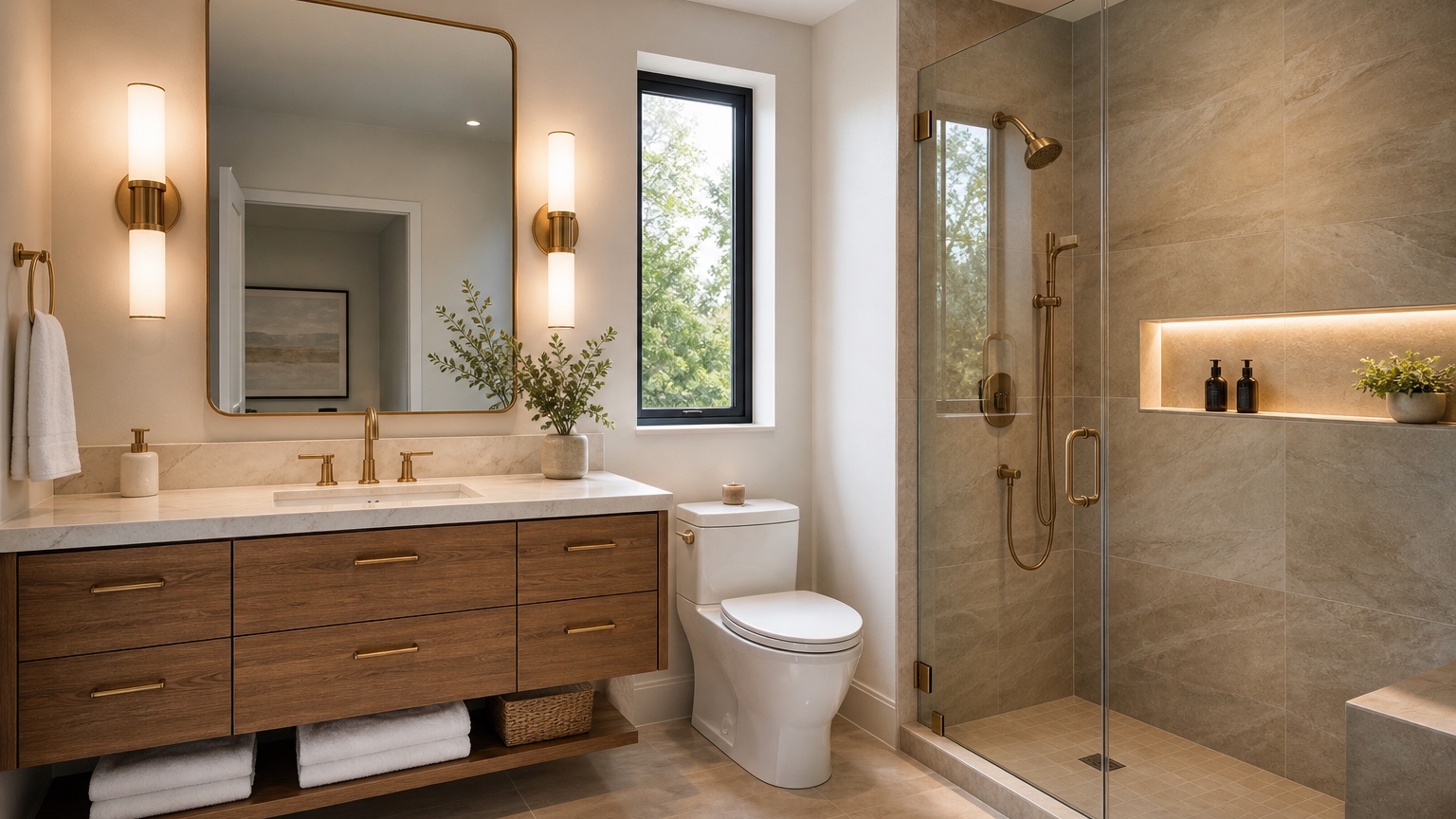 AI bathroom remodel visualizer showing tile, vanity, mirror, lighting, fixture, and paint options in a realistic small bathroom