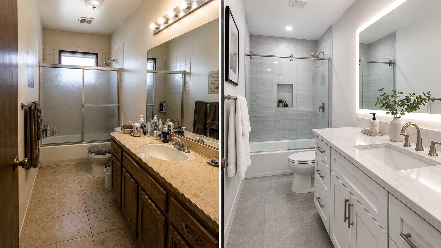 AI bathroom remodel visualizer before and after comparing a real bathroom photo with updated tile, vanity, lighting, fixtures, and wall color