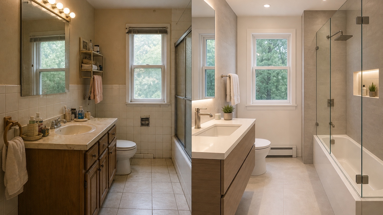 AI bathroom remodel visualizer split view showing controlled comparisons of shower tile, vanity finish, mirror lighting, wall paint, and fixtures