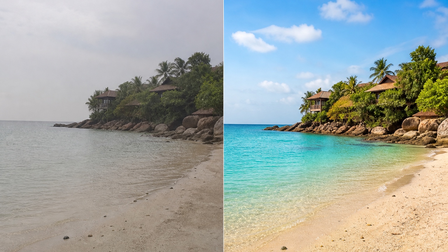 ai Beach Photo Editor before and after destination comparison