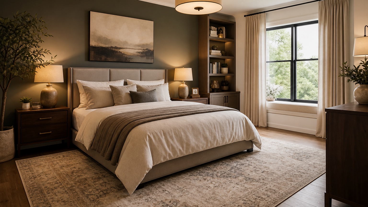 AI bedroom design generator preview showing a real bedroom photo redesigned with calmer layout, practical furniture, soft lighting, and cohesive decor