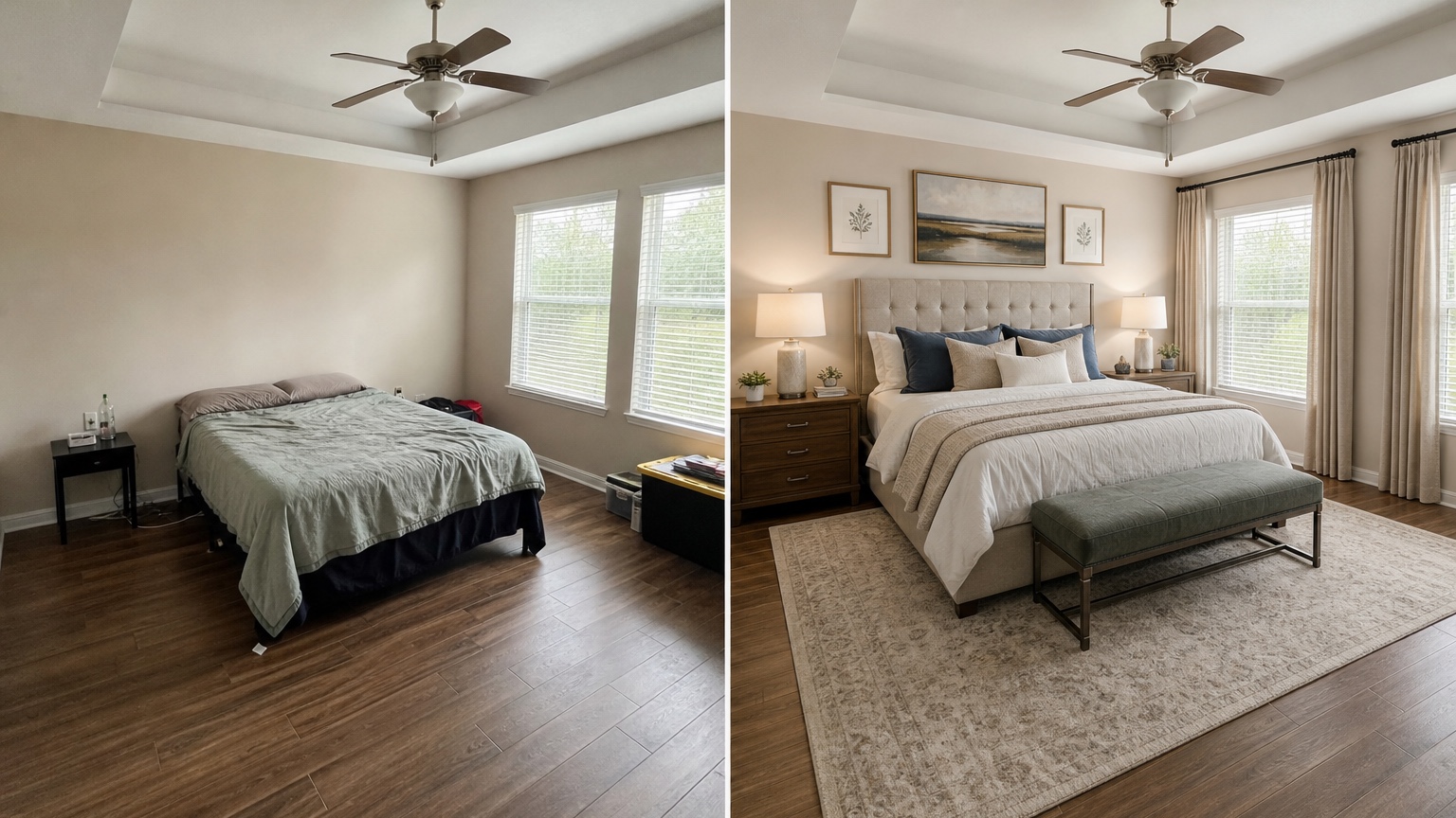 AI bedroom design generator before and after comparing an existing bedroom with a realistic redesigned layout, storage plan, bedding, curtains, and lighting