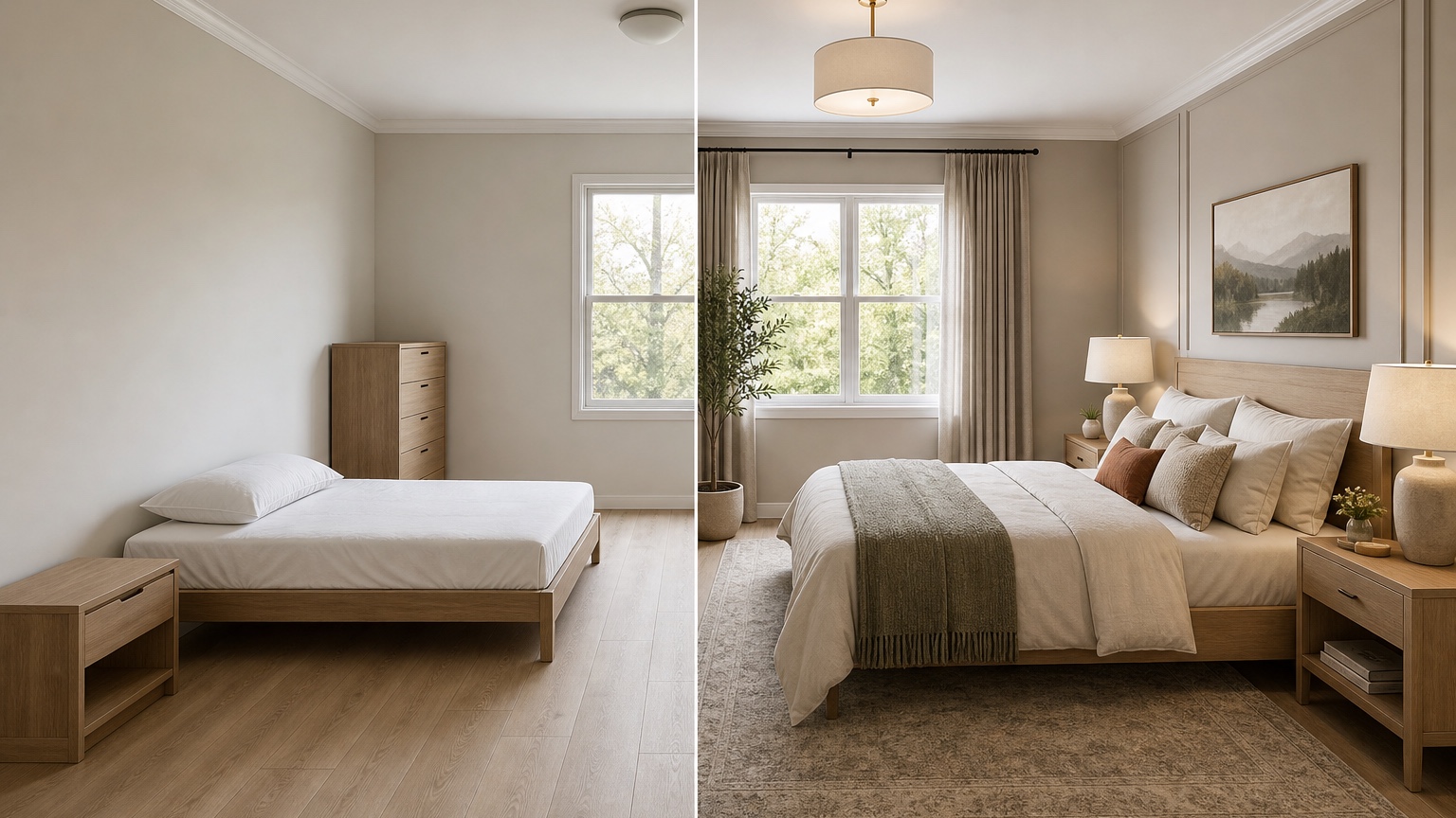 AI bedroom design generator split view showing a room transformed with better bed placement, nightstands, curtains, storage, rug scale, and soft decor