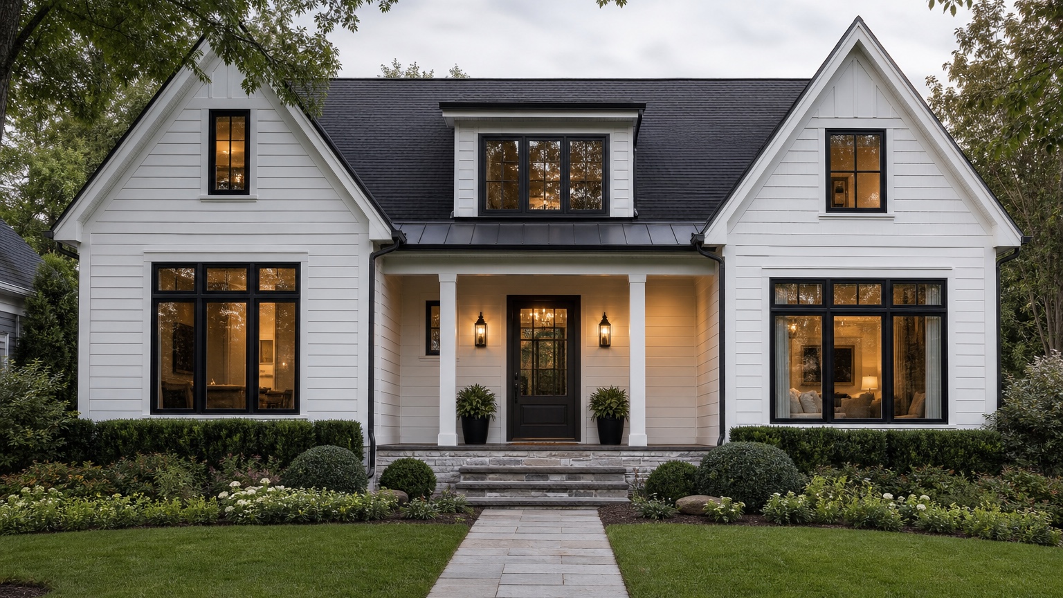 AI black windows exterior preview showing black window frames matched with siding, trim, and roof color