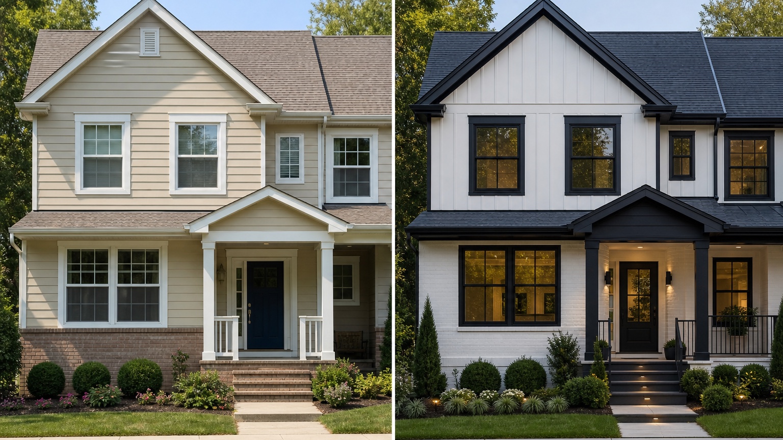 AI black windows exterior before and after showing black frames, trim contrast, and curb appeal