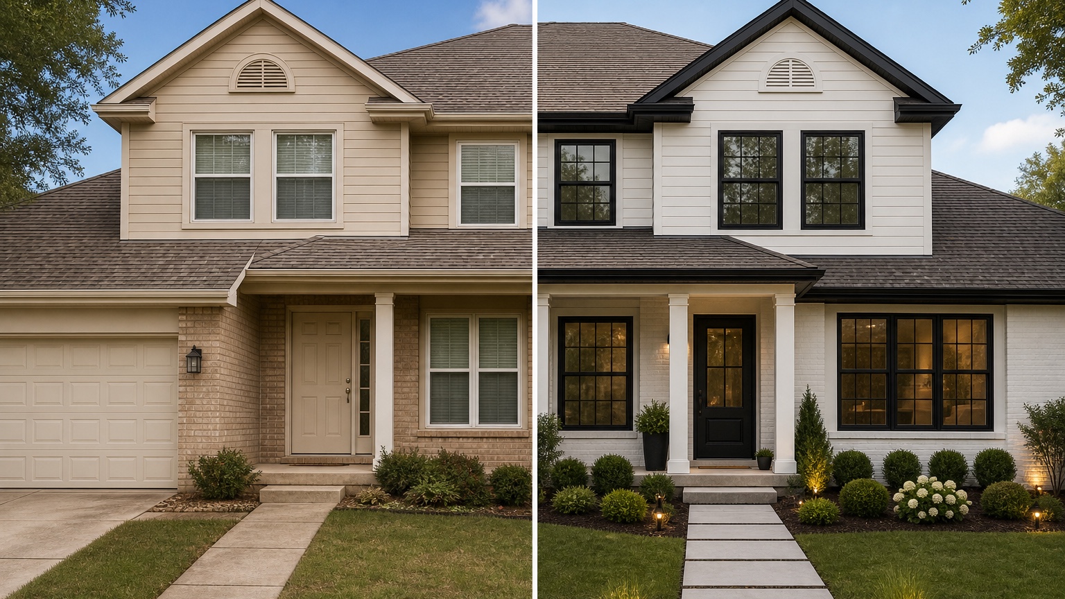 AI black windows exterior showing controlled variations for frames, trim, shutters, and material palette