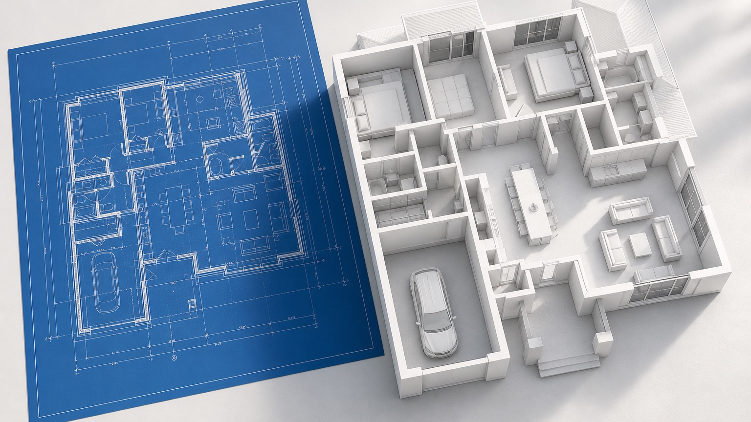 AI blueprint to 3D model concept showing builders and designers reviewing a residential blueprint beside a realistic preconstruction layout visualization