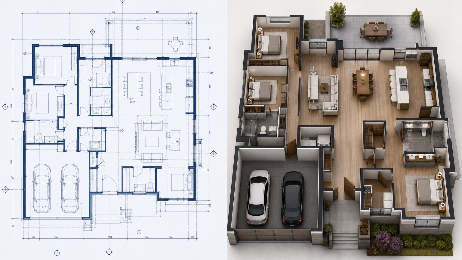 AI blueprint to 3D model workflow showing cropped blueprint, revision notes, material references, and a model-like preconstruction visualization for client review