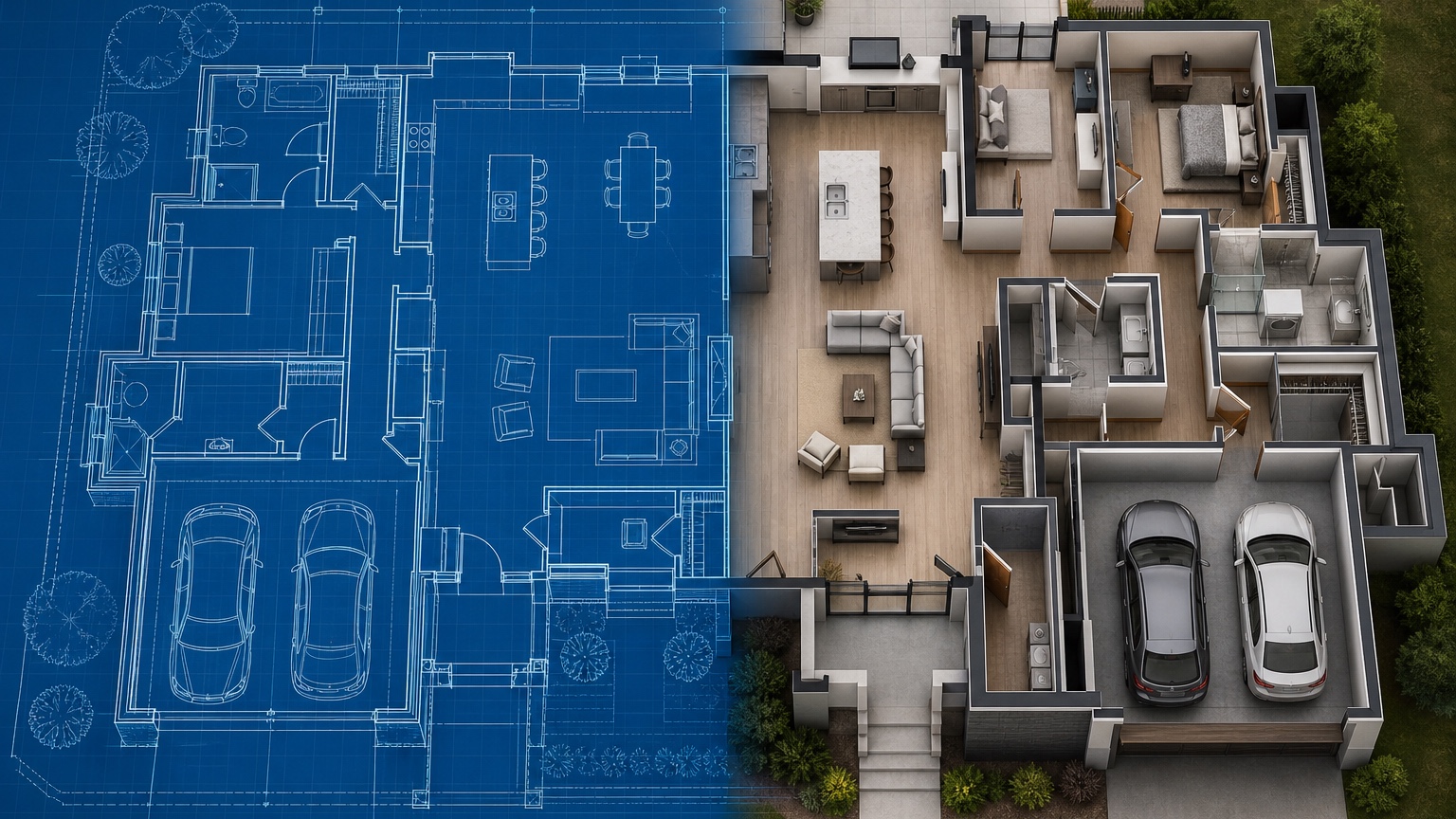 AI blueprint to 3D model client walkthrough board showing entry sightline, kitchen circulation, exterior massing, and material-reference variations