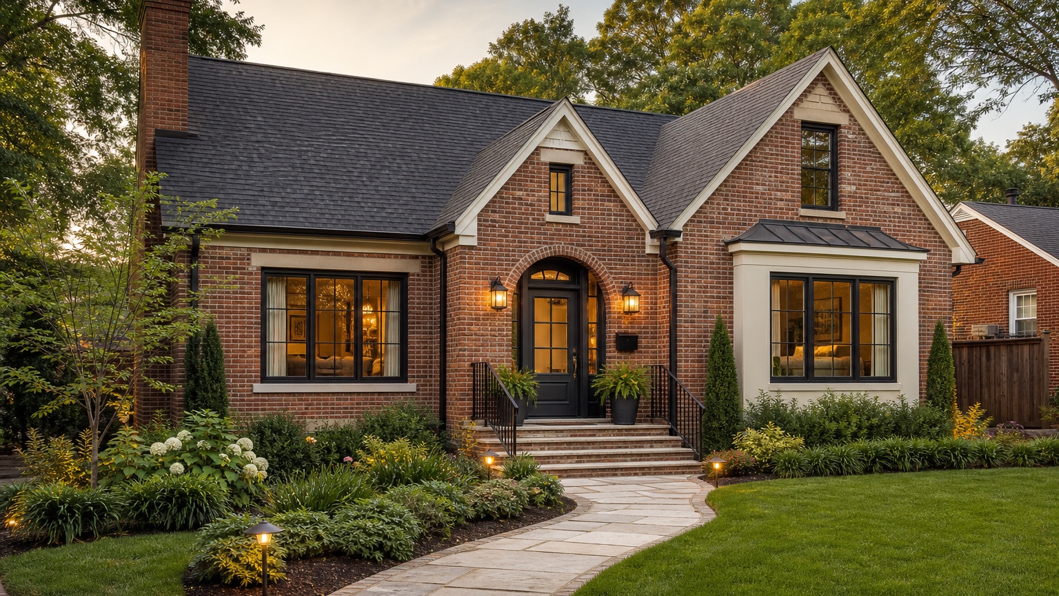 AI brick house makeover showing a polished modernized brick exterior with updated trim, door, windows, and landscaping