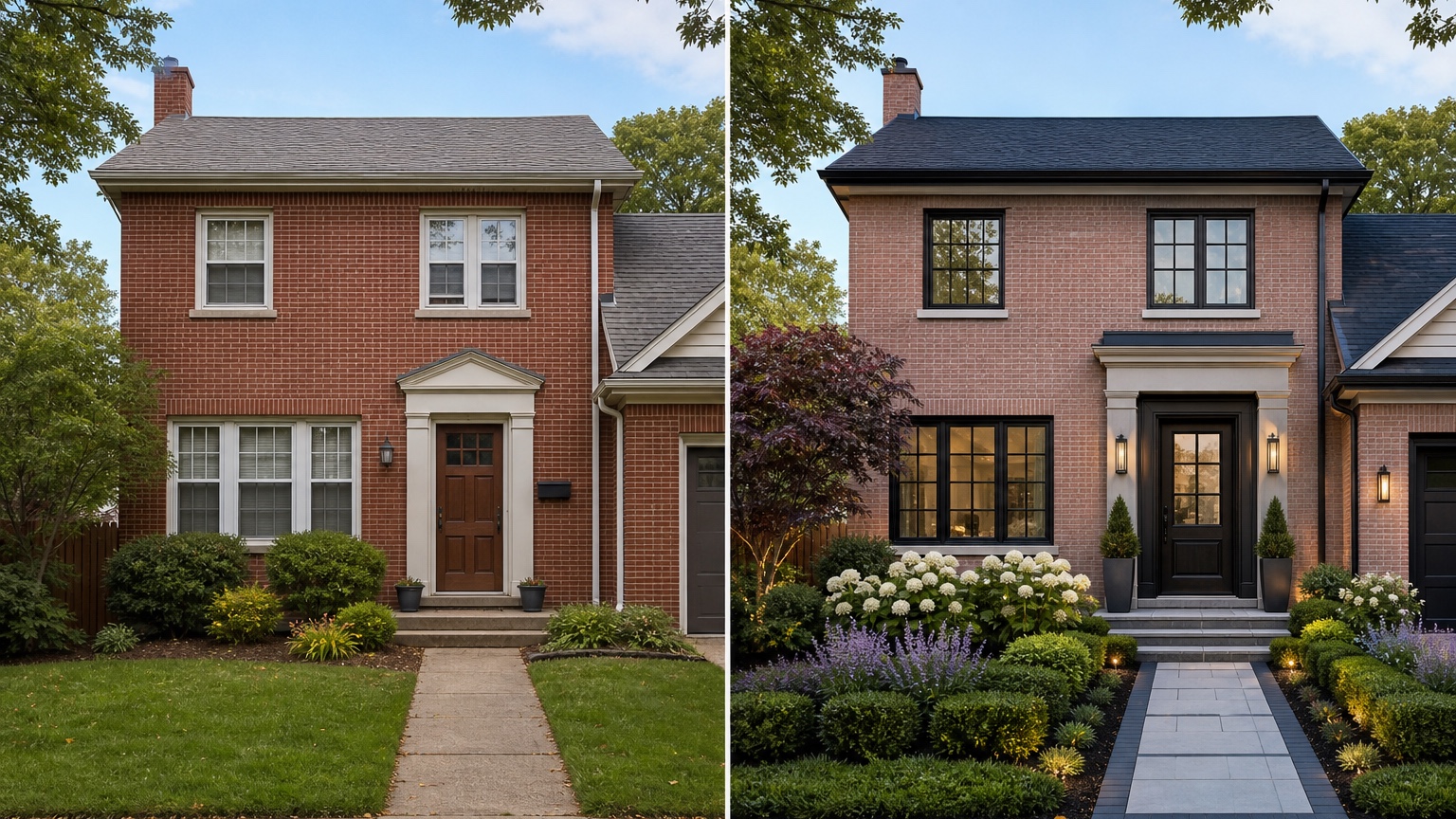 AI brick house makeover before and after side-by-side showing the same brick home with a practical curb appeal update