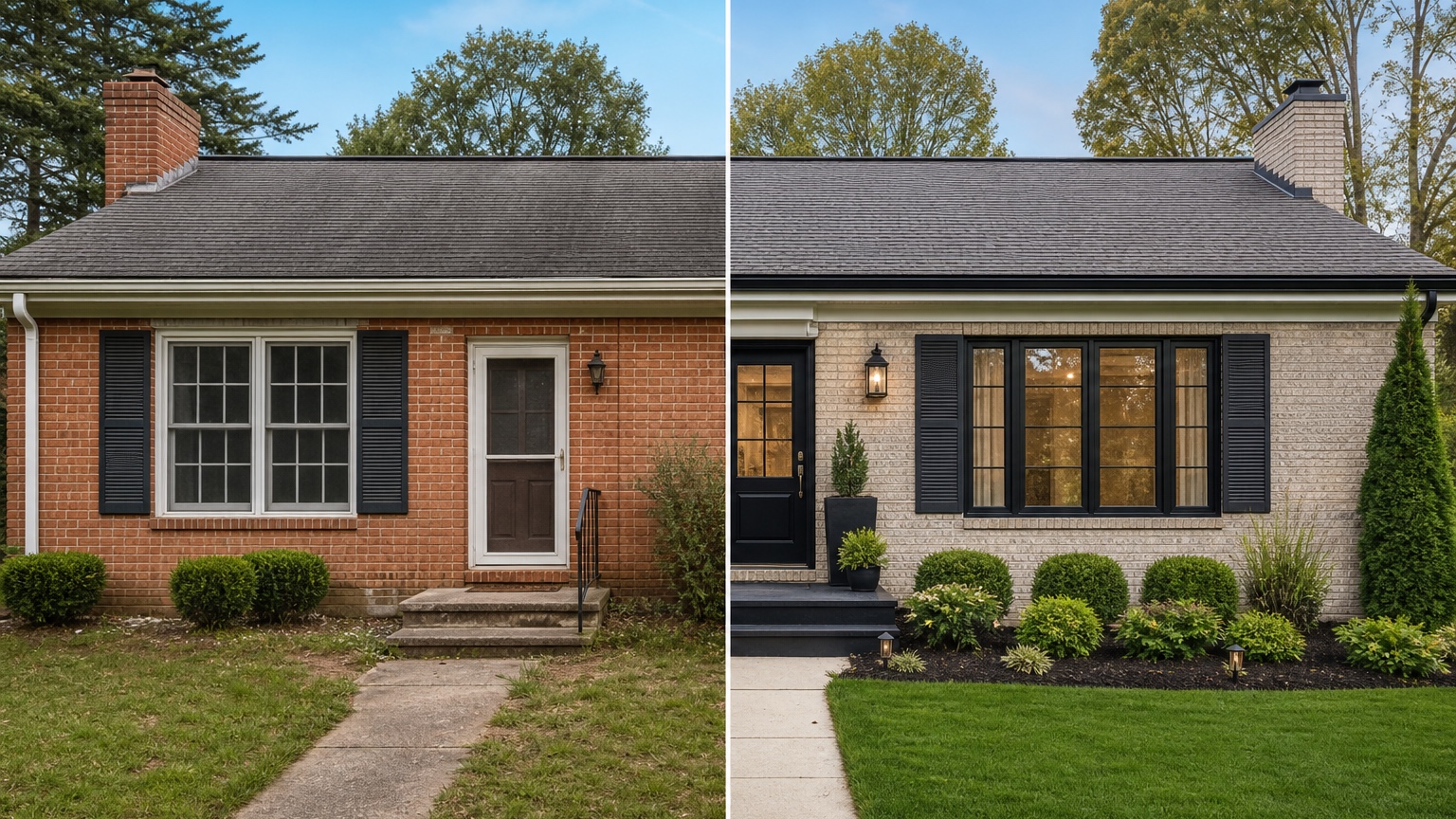 AI brick house makeover split view highlighting updated brick finish, trim, front door, lighting, and landscaping details