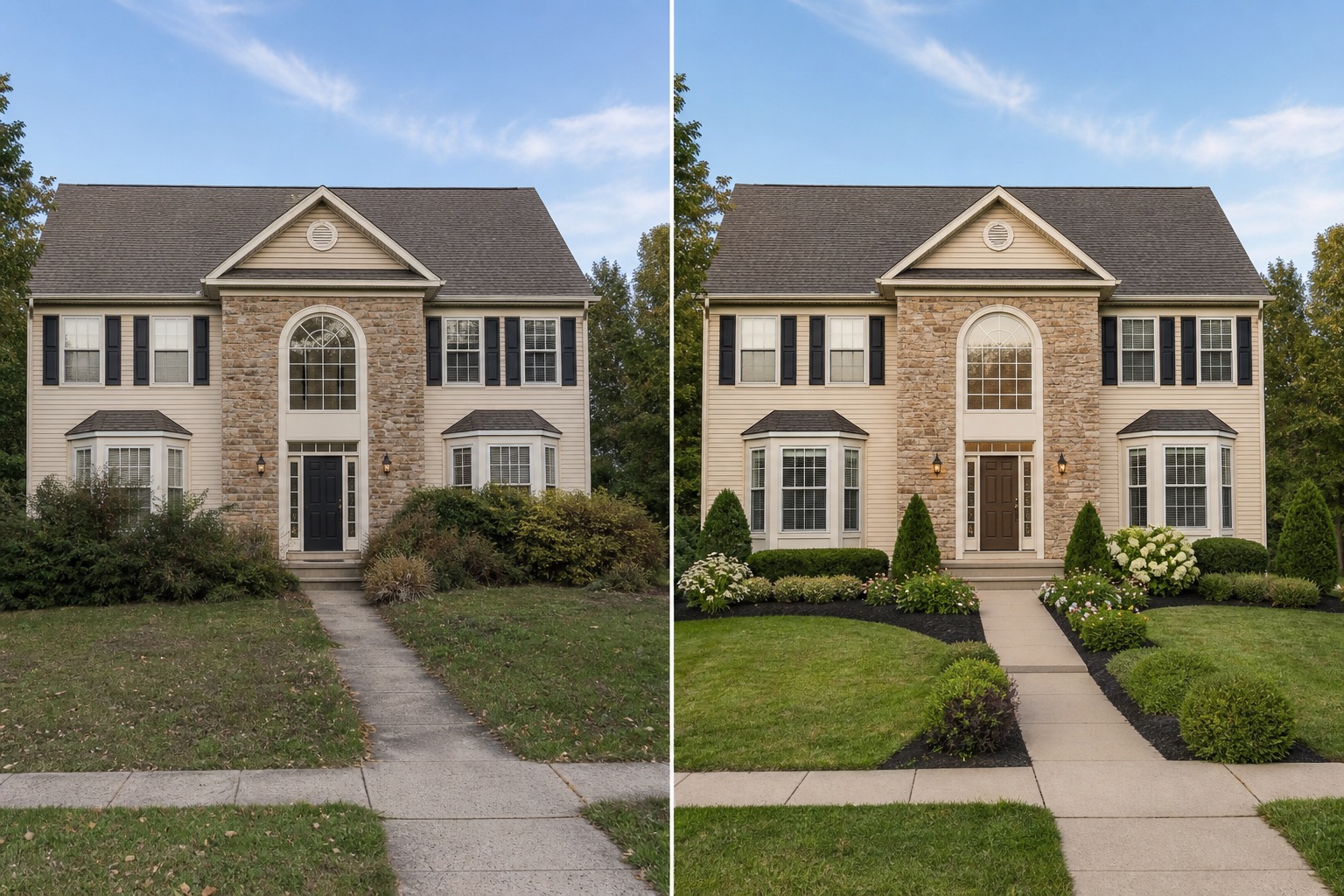 AI curb appeal generator before and after concept using the same house photo angle