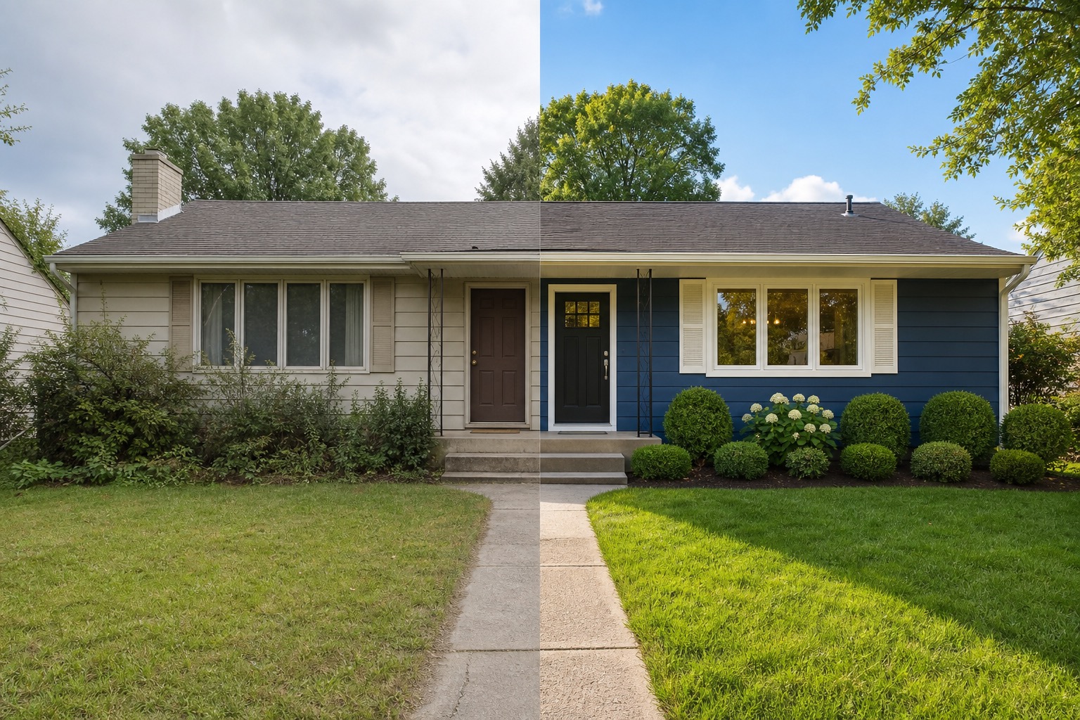AI curb appeal generator showing exterior prompt variations for sellers and homeowners