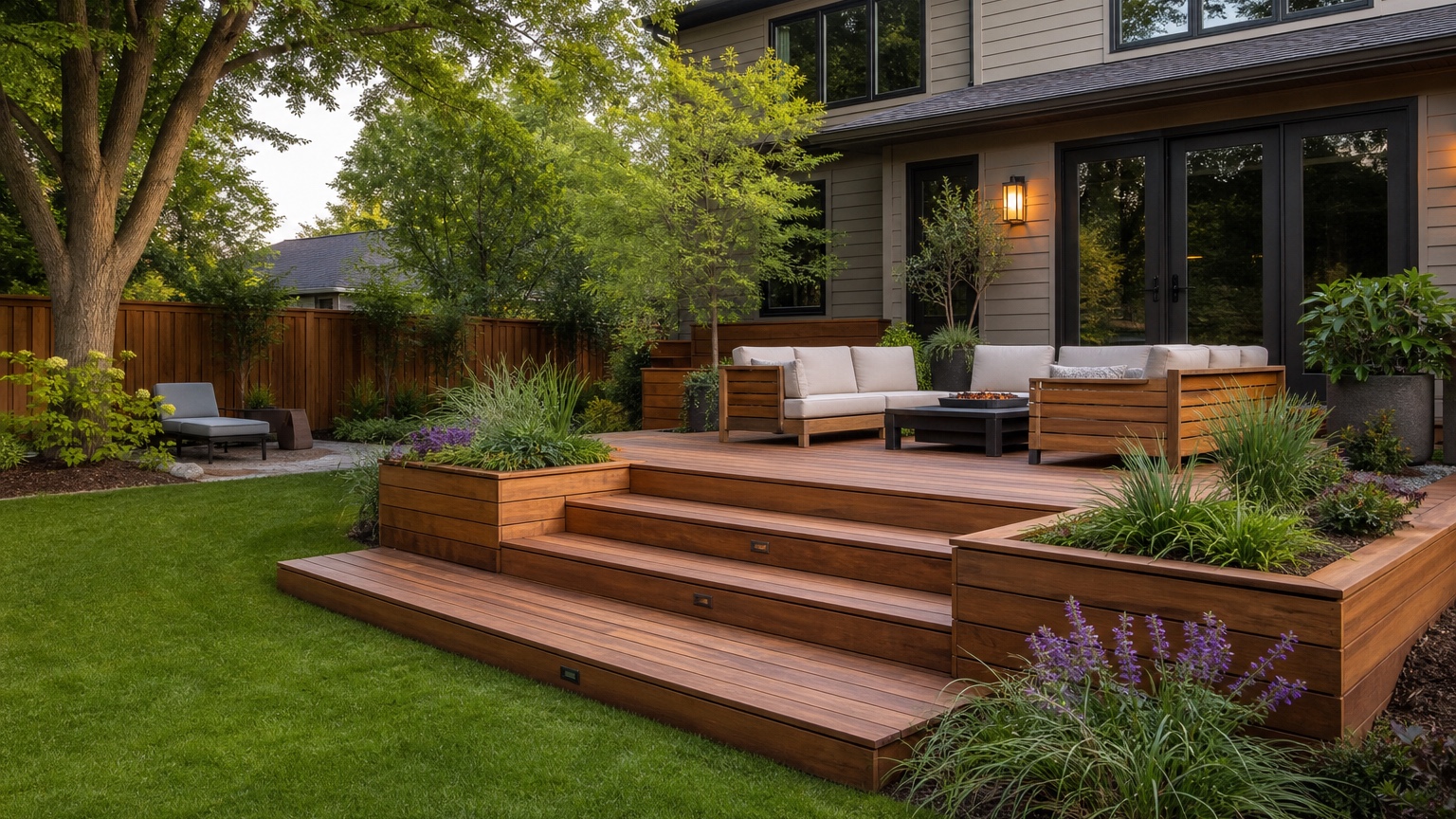 AI deck design ideas showing a finished backyard deck with seating, steps, railing, shade, planting, and realistic outdoor zones