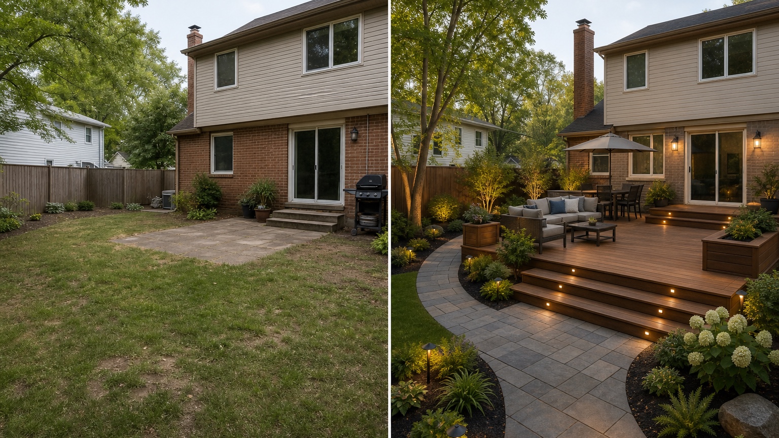 AI deck design ideas before and after side by side comparing a plain backyard with a deck concept, stairs, seating, and privacy additions