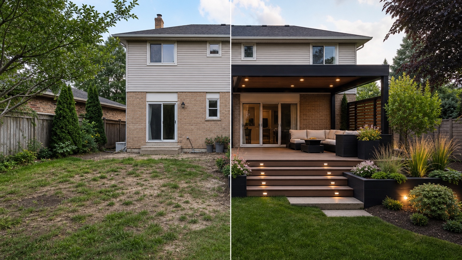 AI deck design ideas split before and after showing the same backyard transformed with deck footprint, railings, stairs, and seating zones