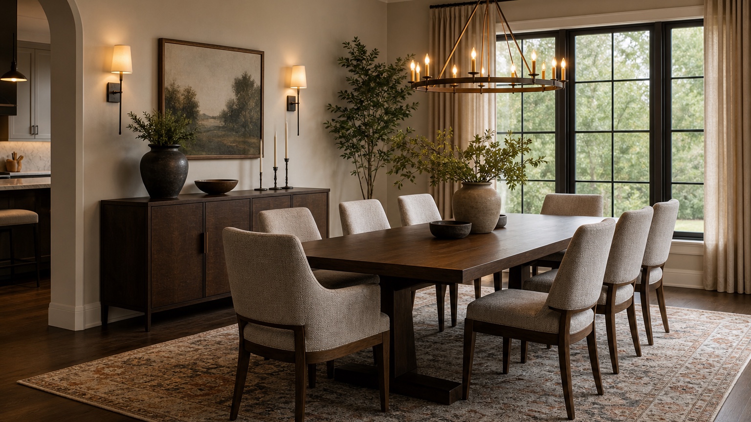 AI dining room design preview from a real photo showing a better table scale, aligned chandelier, comfortable chair clearance, rug, buffet, and layered lighting