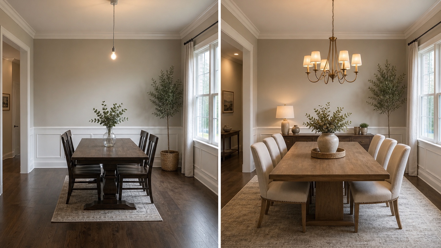 AI dining room design before and after comparing an existing room with improved table shape, chair clearance, chandelier placement, rug scale, and buffet storage