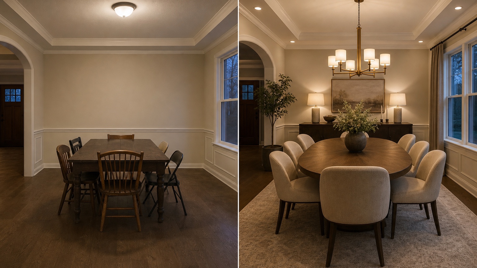 AI dining room design split view showing a photo-based dining room transformation with a properly scaled table, low-pile rug, buffet, chandelier, and evening mood lighting