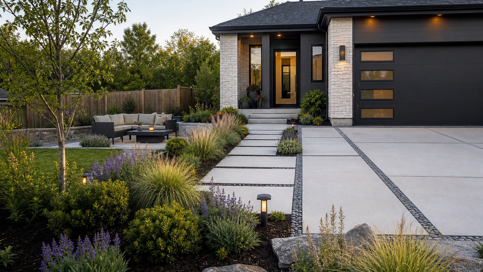 AI driveway landscaping showing a finished residential driveway with layered planting, tidy edging, lighting, and a welcoming entry path