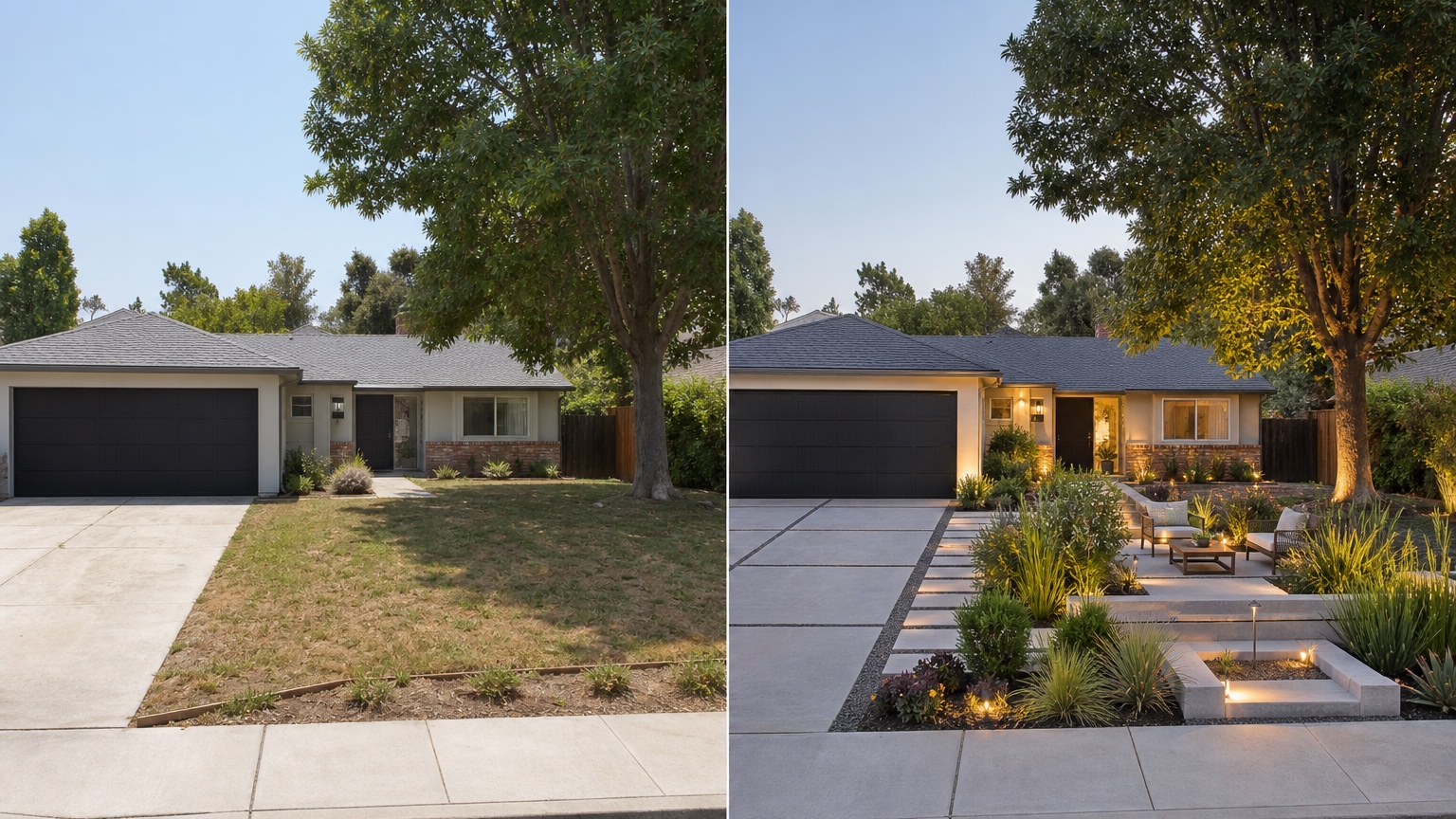 AI driveway landscaping before and after side by side comparing a plain driveway edge with planting beds, lighting, paver detail, and clearer entry structure