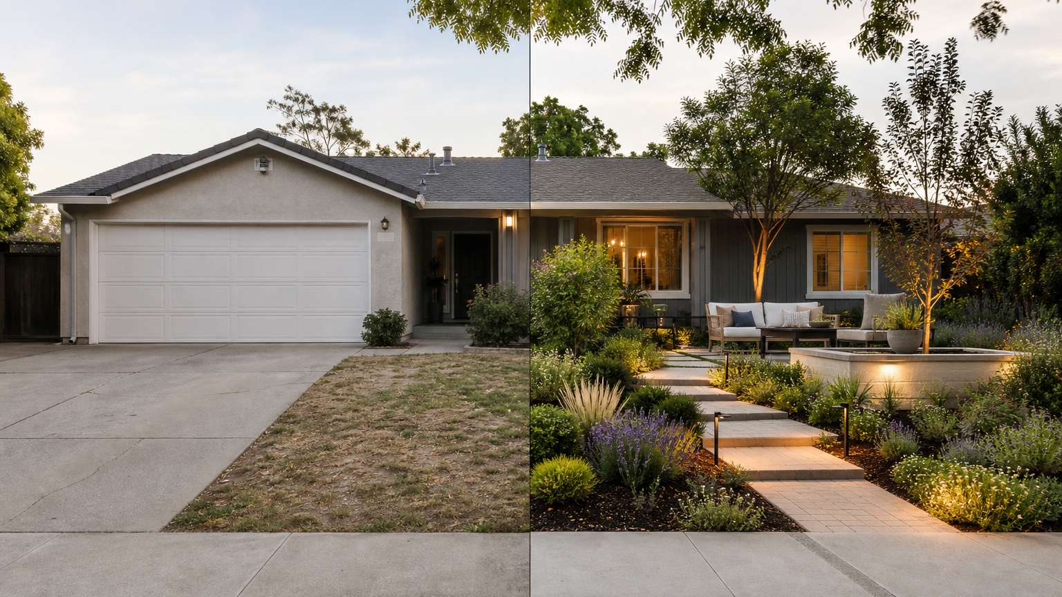AI driveway landscaping split before and after showing the same driveway transformed with layered planting, practical hardscape, and improved entry definition