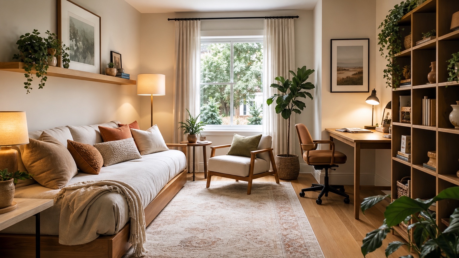 AI empty room design showing a blank living space furnished with realistic seating zones, rug scale, lighting, and clear walking paths