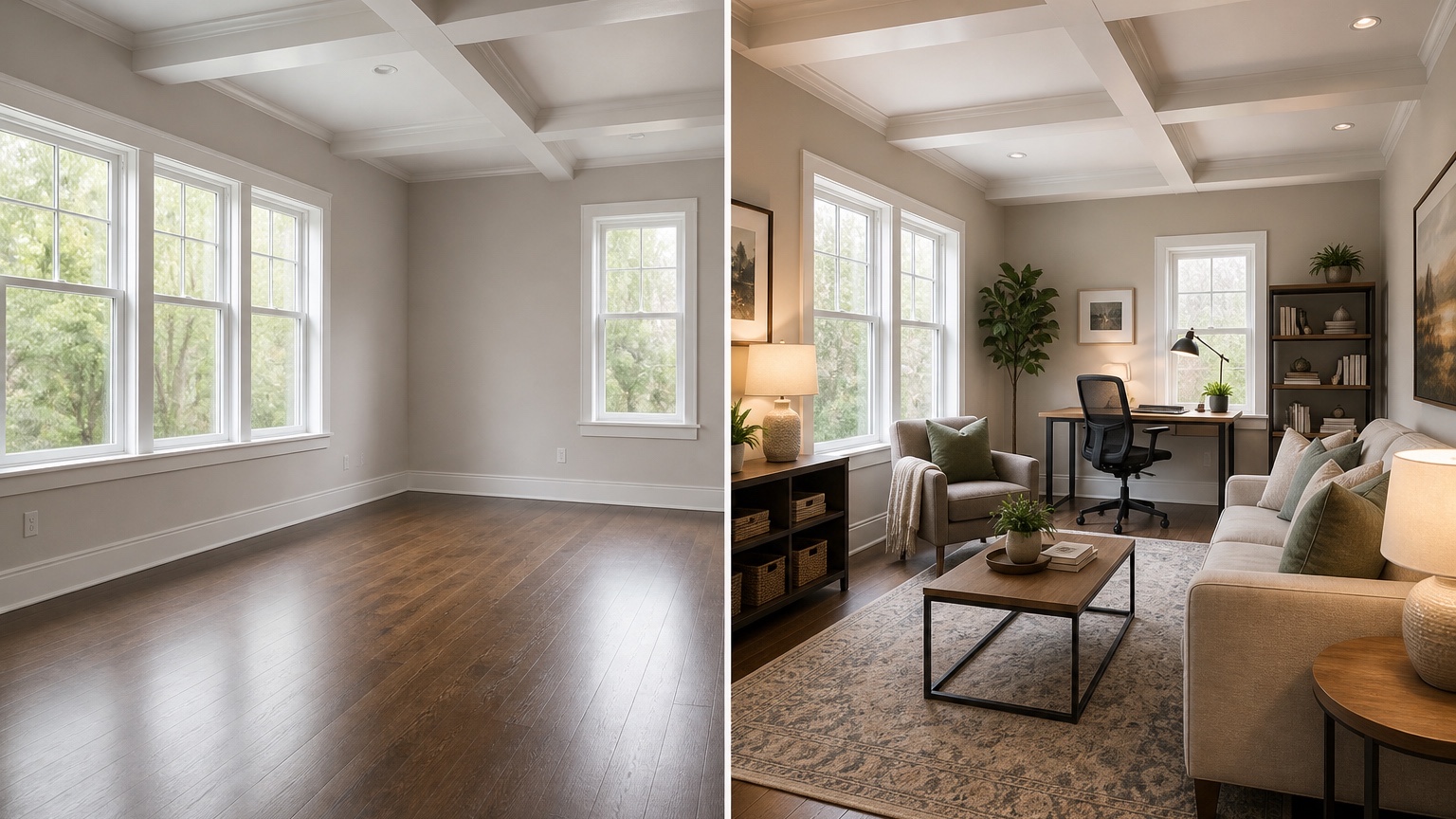AI empty room design before and after showing a vacant room turned into staged furniture zones with realistic scale and preserved architecture