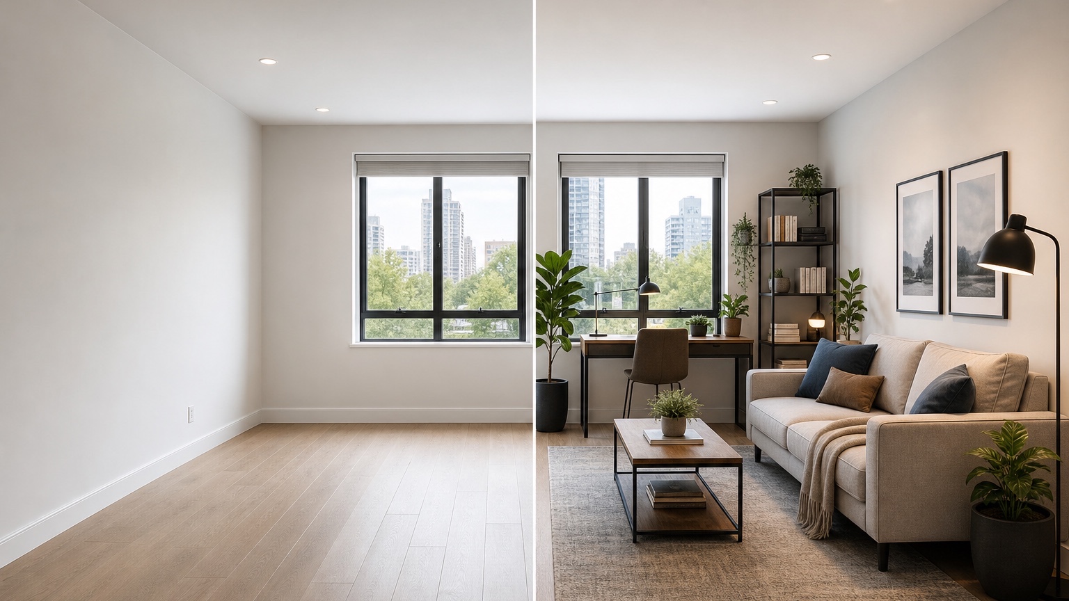 AI empty room design split view showing three staged alternatives for the same blank room including living, office, and guest-room furniture plans