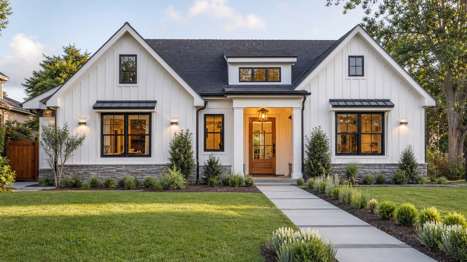 AI exterior before and after finished home makeover concept with updated siding, trim, entry, roofline, and lighting