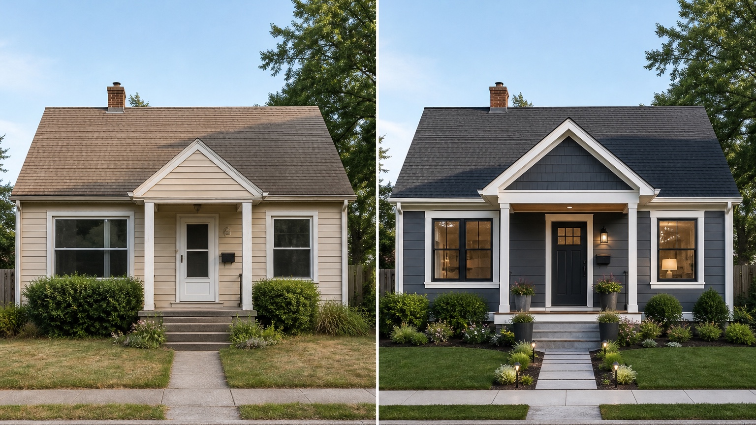 AI exterior before and after side-by-side comparison showing a dated facade transformed into a realistic curb appeal concept