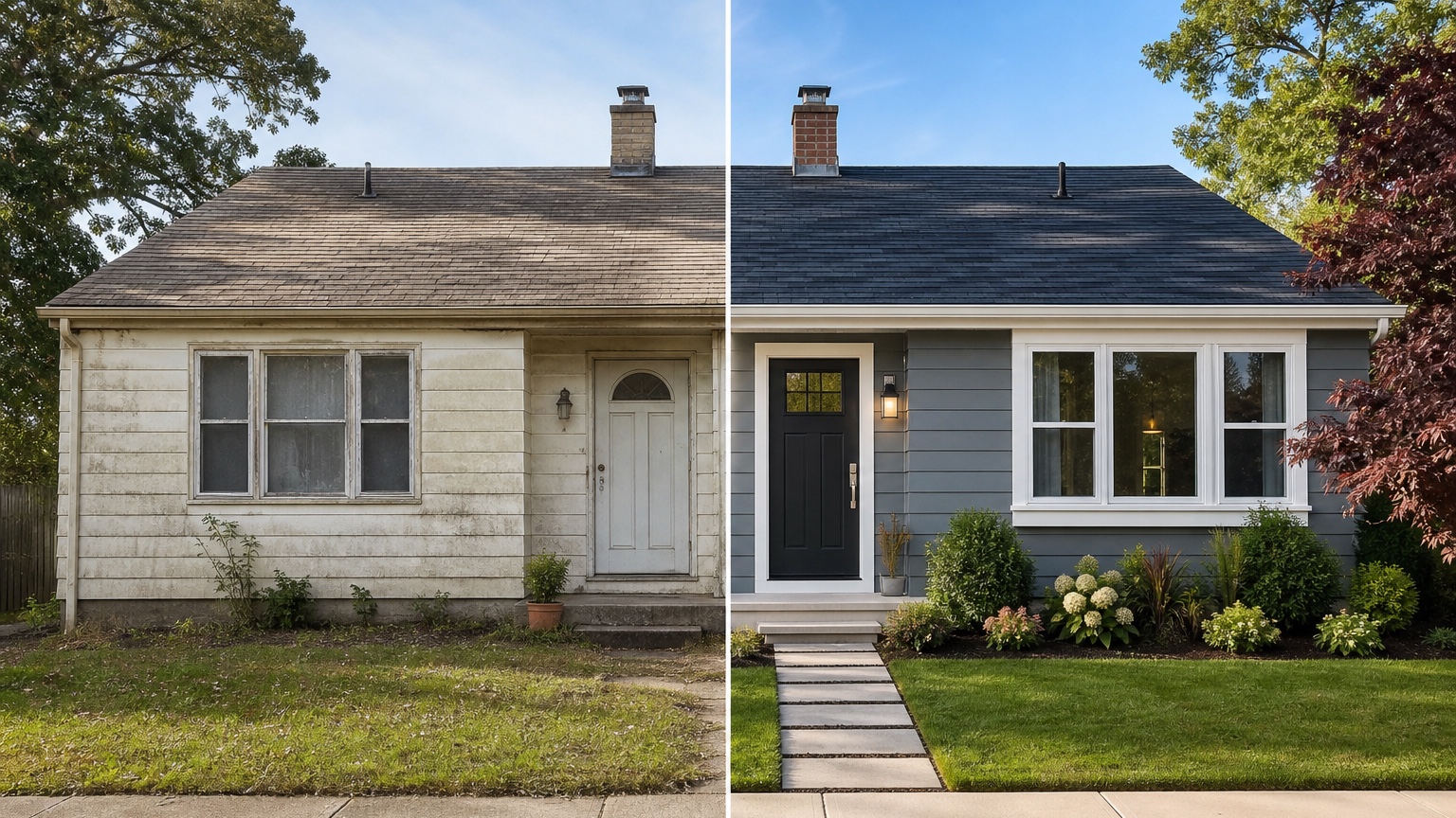 AI exterior before and after split image aligning the same house facade across a realistic renovation concept