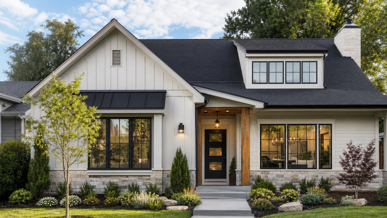 AI exterior design app finished concept showing a realistic home facade update with siding, trim, entry, lighting, and curb appeal