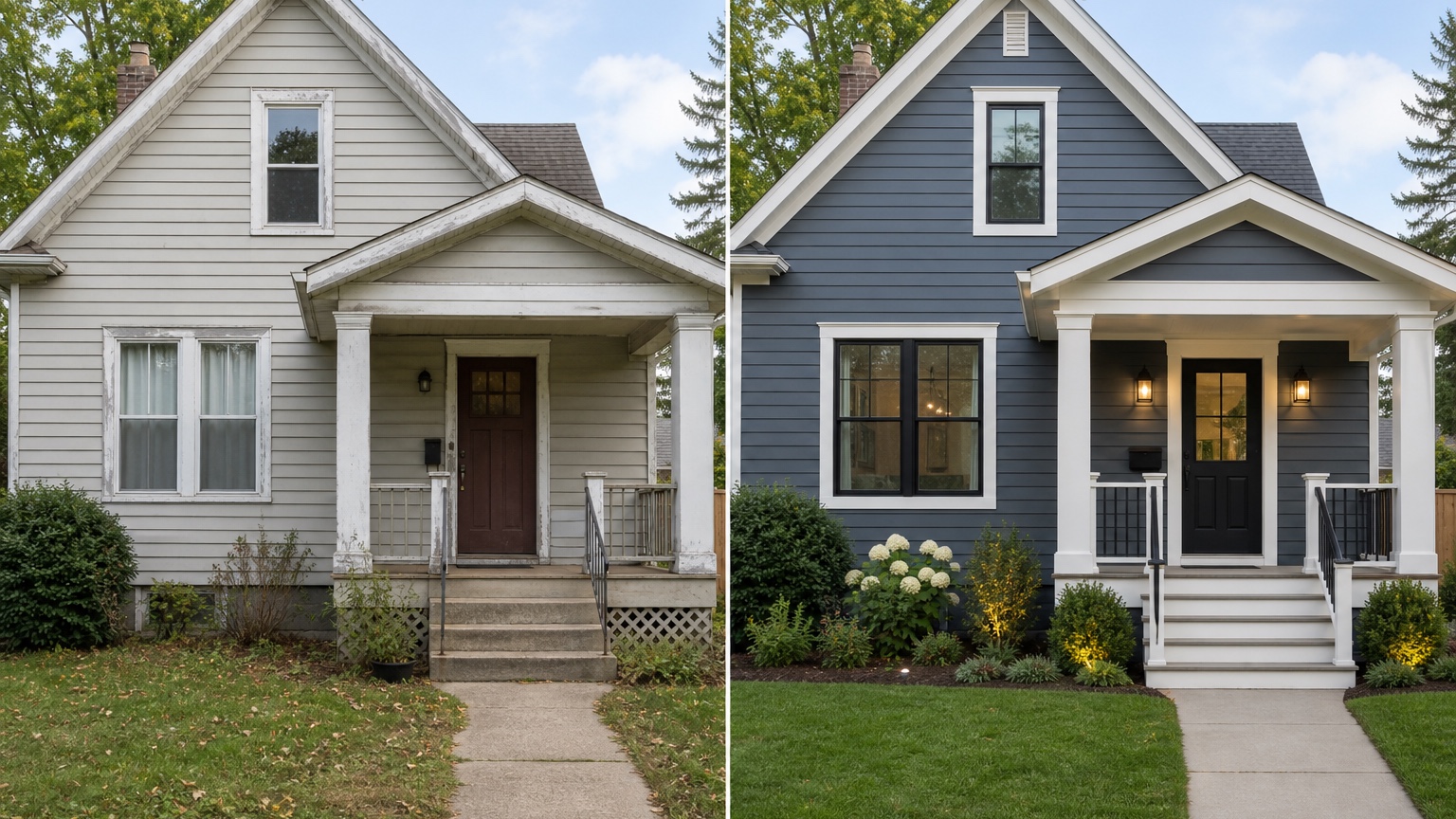 AI exterior design app before and after comparison showing a real house photo transformed with controlled exterior design changes