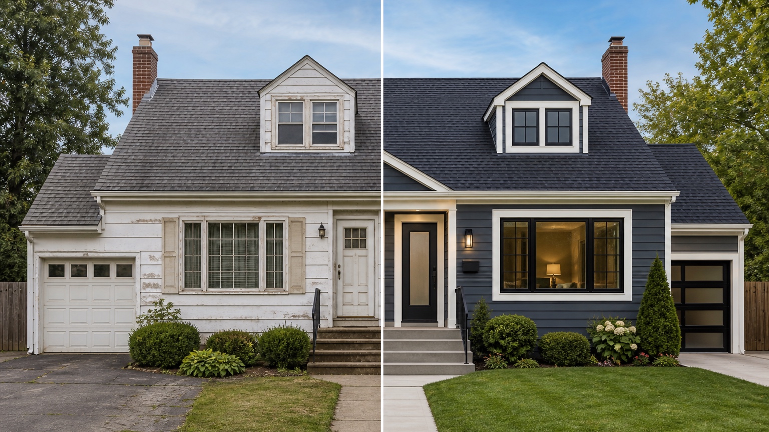 AI exterior design app split image showing one continuous house facade with before and after renovation styling